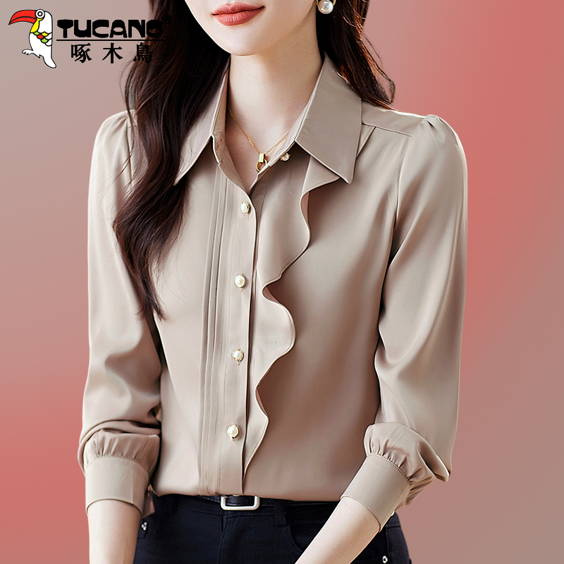 Woodpecker Long-Sleeved Beautiful Chiffon Shirt for Women, Spring and Autumn 2026 New Style, Middle-Aged Mother Design, Women's Shirt