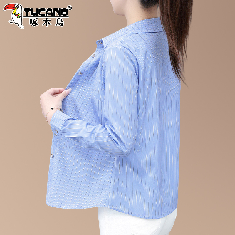 Woodpecker Blue Shirt for Women 2026 New Spring and Summer Fashionable Casual Shirt with a Turn-Down Collar, Long Sleeves, Thin Style