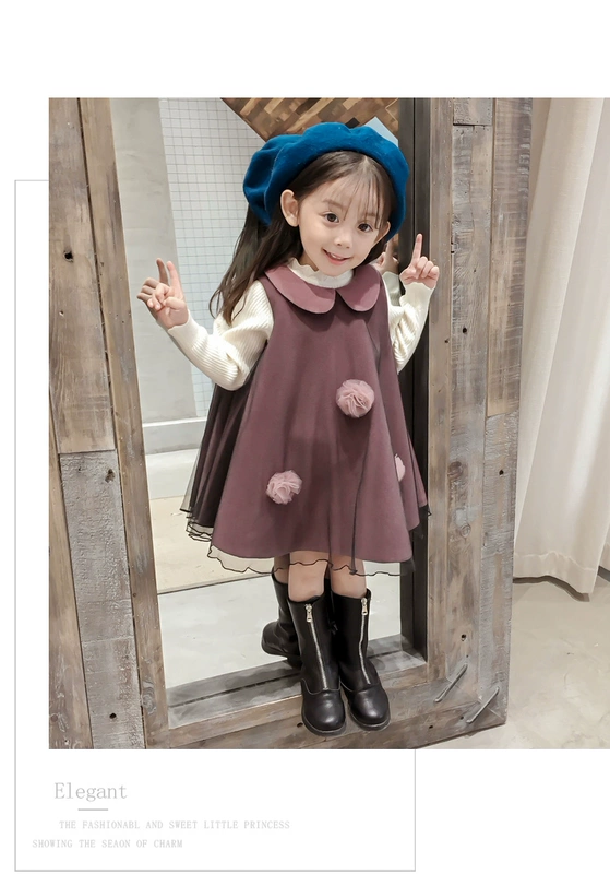 Váy cô gái mùa đông 2018 mới mùa thu đông cô bé búp bê cổ áo váy trẻ em váy len đầm công chúa cho bé gái
