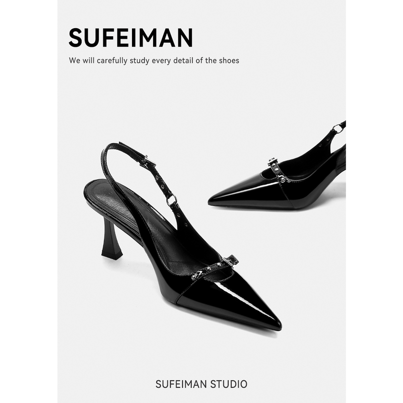 Sophie Man Black High-Heeled Shoes with a Unique Design, Niche Style, Studded Patent Leather, Single Strap, Closed-Toe Sandals for Women, Summer