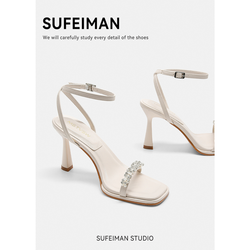 Sophie Man White Square-Toe Ankle Strap Sandals, Fairy-Style Stunning Rhinestone High Heels, Perfect for Pairing with Dresses in Summer Sophie Man White Square-Toe Ankle Strap Sandals, Fairy-Style Stunning Rhinestone High Heels, Perfect for Pairing with Dresses in Summer