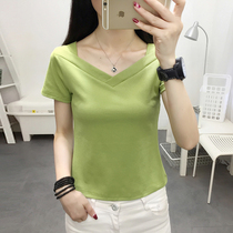 Summer clothing 2021 new fashion avocado green V collar short sleeve t-shirt women cotton top Korean version Joker half sleeve shirt