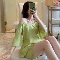 Bull Oil Fruits Green Pyjamas Woman Summer Pure Cotton Korean Version Thin of pure color dew shoulder sexy middle sleeve can be worn outside the home suit suit