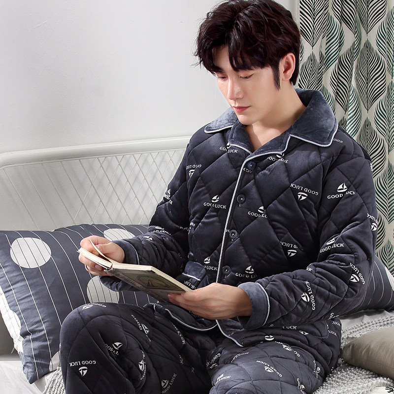 Men's pajamas thickened in winter plus coral coral plug three layers of cotton fall and winter flannel warm home suit