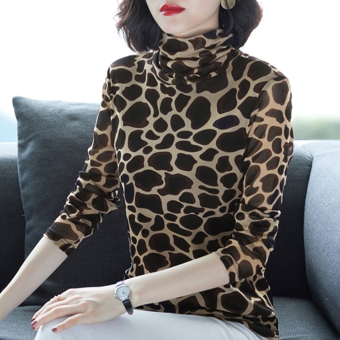 High-Neck Leopard Print Long-Sleeve Mesh Top for Women, Autumn and Winter, Fleece-Lined, Plus-Size Printed T-Shirt, Stylish Lace Inner Wear
