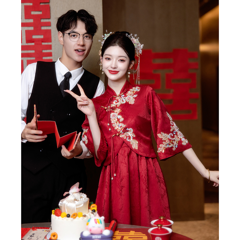 Maternity Cheongsam Toast Dress, Bride's Red New Chinese-Style Engagement Suit, Plus-Size Belly-Covering Dress, Homecoming Casual Wear
