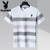 Playboy short-sleeved mens T-shirt summer trend Korean striped round neck half-sleeved shirt casual clothes mens clothing