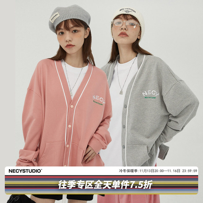 NECY two-color campus style letter embroidery V-neck cardigan female couple trendy high street all-match retro jacket autumn and winter - Taobao