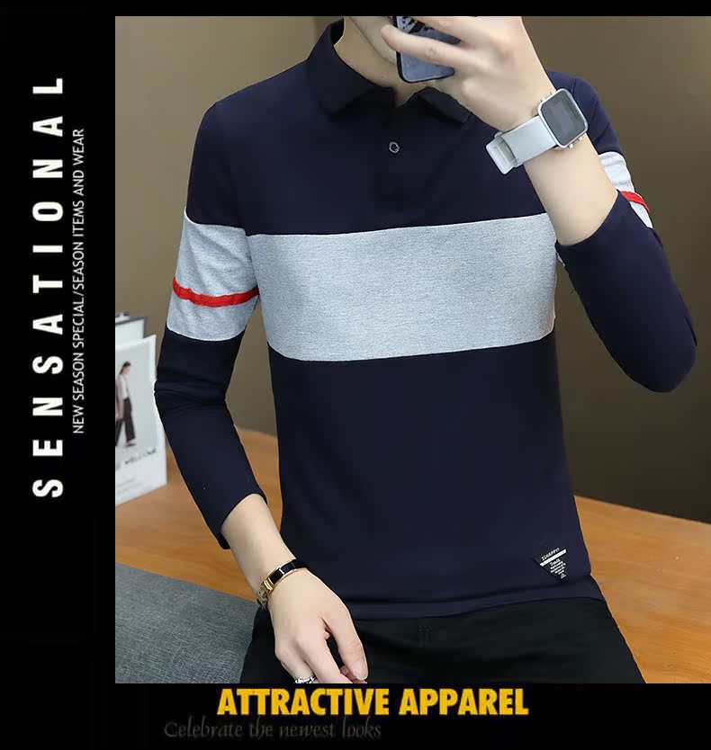 Áo thun nam tay dài mùa thu 2018 áo len nam trẻ trung áo thun dài tay sọc áo ve áo POLO áo sơ mi nam triều hàn áo thun nam polo