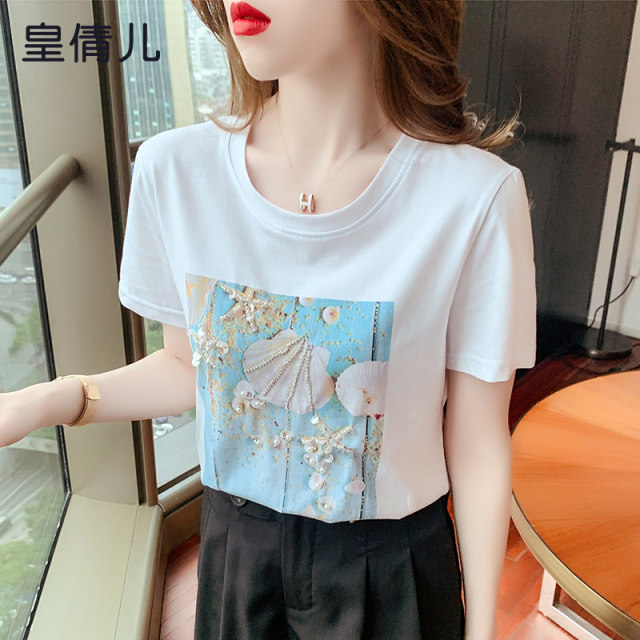 Heavy industry beaded white short-sleeved T-shirt women's summer women's clothing 2023 new design sense pure cotton half-sleeved top women