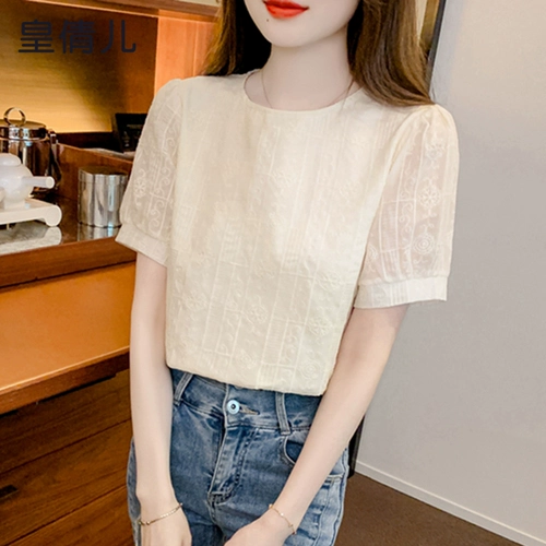 Модная шифоновая летняя футболка, короткий рукав, коллекция 2023, оверсайз, свободный крой, в западном стиле, с вышивкой, рукава фонарики