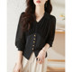 V-neck chiffon shirt women's autumn 2022 new fashion temperament all-match tops waist thin long-sleeved shirts