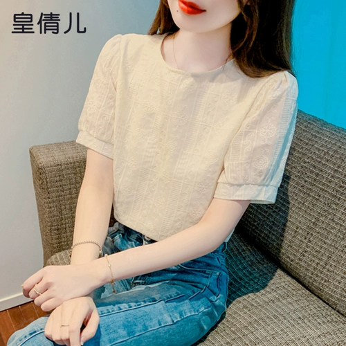 Модная шифоновая летняя футболка, короткий рукав, коллекция 2023, оверсайз, свободный крой, в западном стиле, с вышивкой, рукава фонарики