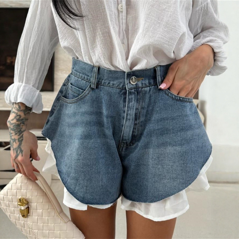 European and American Fashion Sexy High-Waisted Frayed Hem Flared Denim Shorts for Women Rip Denim Shorts Jeans