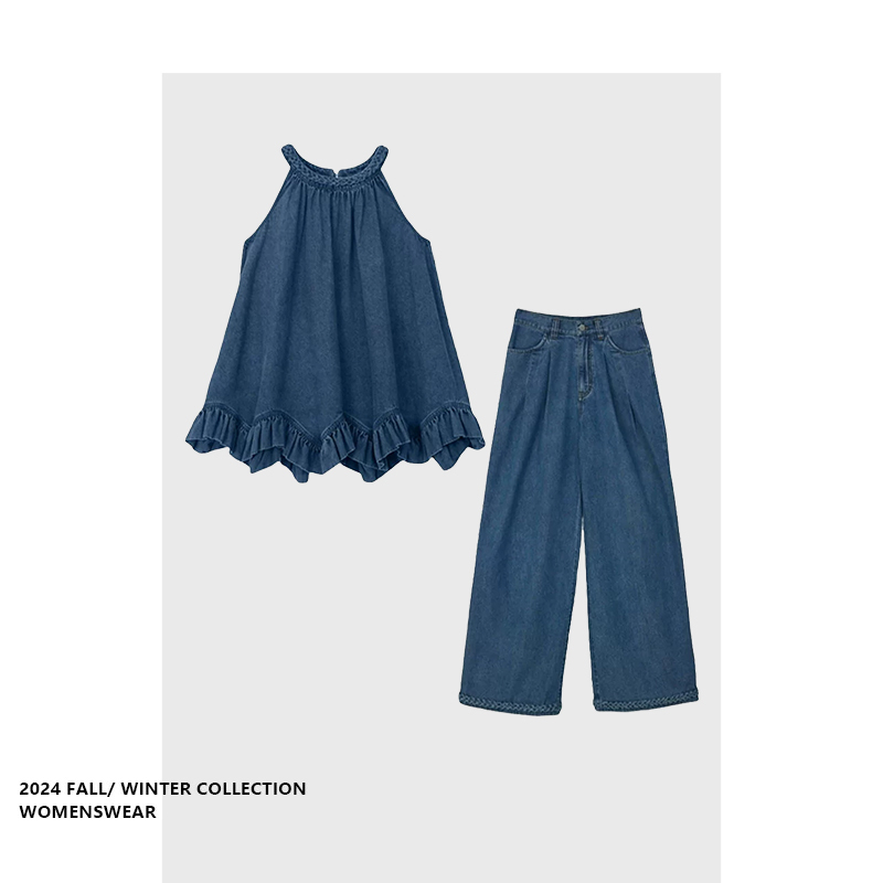 Forever 21 Stereo Cloud Ruffled Hem Suspender Wide Leg Pants Hand-Knitted Halter Denim Summer Suit