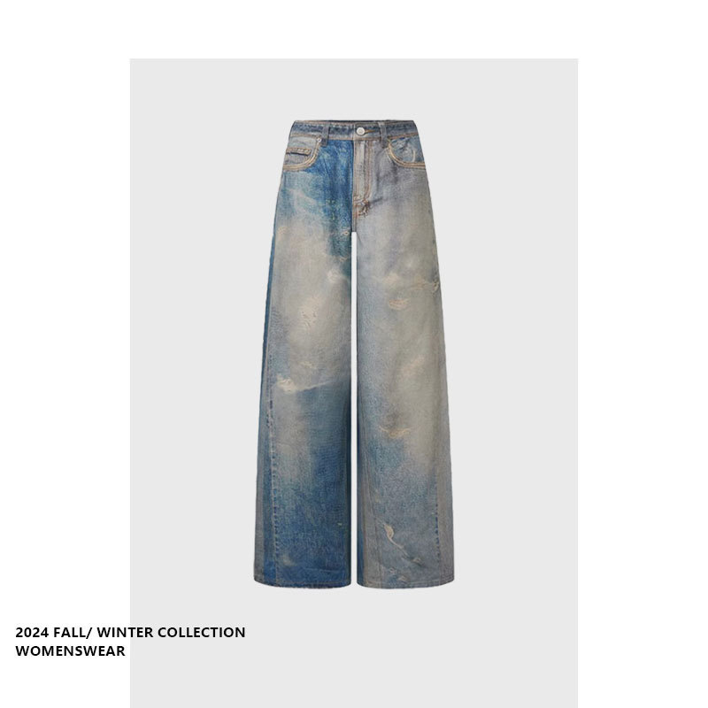 Forever 21 Summer Retro Distressed Design High-Waisted Street Style Printed Straight Loose Wide-Leg Jeans Forever 21 Summer Retro Distressed Design High-Waisted Street Style Printed Straight Loose Wide-Leg Jeans