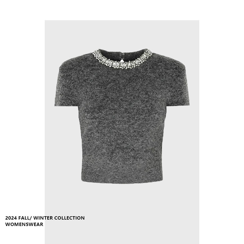 Forever 21 Elegant Gray Diamond-Studded Design Short-Sleeve Knit Top for Petite Women, Simple Summer Top