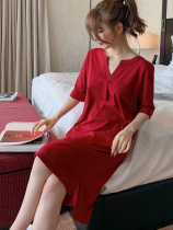 Sleeping Skirt Woman Summer Pure Colour Modell Cotton Middle Sleeve Sexy V Neck Pyjamas minimis casual Home Casual Home Clothing