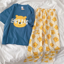 Sleepwear women Summer thin cotton Pure Cotton Cartoon Printed Short Sleeve Long Pants Suit Round Neckline Sleeve Head Cute Casual Home Clothing