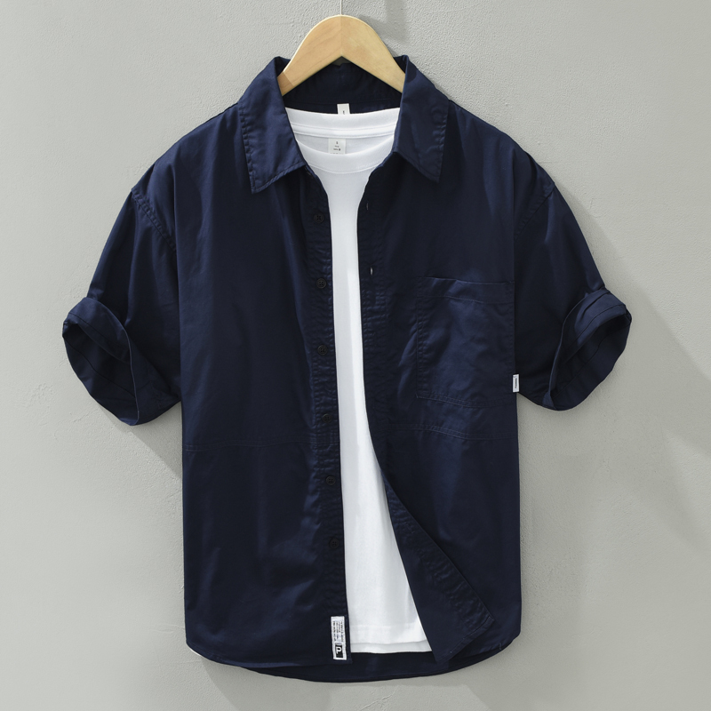 Japanese Style Solid Color Short-Sleeve Shirt for Men, Summer Thin Pure Cotton Shirt, Simple Loose Casual Summer Shirt Top