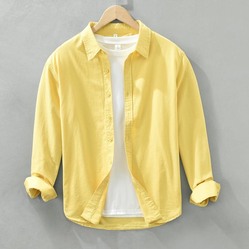 Japanese-Style Fresh Solid Color Long-Sleeve Shirt for Men, Simple Versatile Top, Trendy Artistic Casual Loose Cotton Shirt