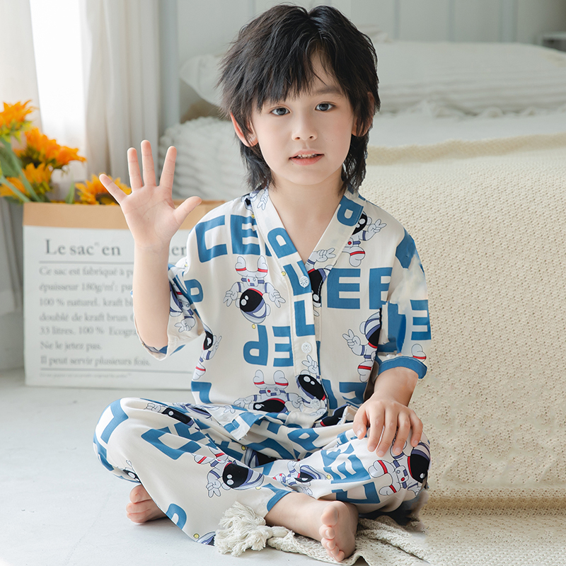 Short-Sleeved Long Pants Children's Cotton Silk Pajamas Set Summer Thin Style for Older Children Girls Boys Cotton Silk Air-Conditioned Home Wear Short-Sleeved Long Pants Children's Cotton Silk Pajamas Set Summer Thin Style for Older Children Girls Boys Cotton Silk Air-Conditioned Home Wear