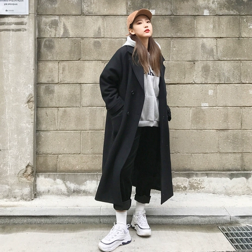 Длинное демисезонное шерстяное пальто для школьников, в корейском стиле, средней длины, большой размер, увеличенная толщина