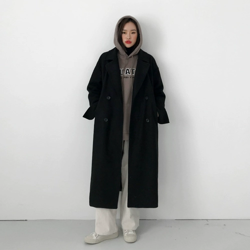 Демисезонное шерстяное пальто, длинная куртка, свободный крой, длина макси