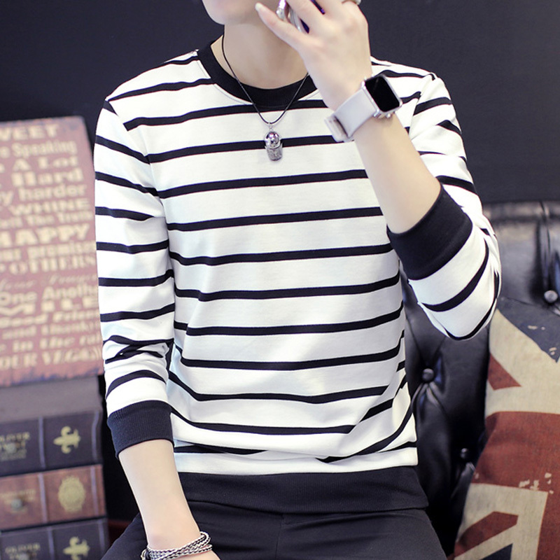 New Spring and Autumn Men's Long-Sleeved T-Shirt, Trendy Base Shirt for Teenagers, Black and White Striped Sweatshirt, Top Clothing