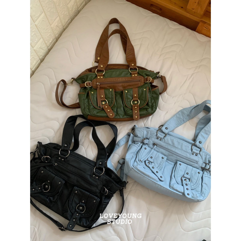 Loveyoung Original Niche Design Multi-Pocket Large Capacity Vintage Tote Bag Retro Shoulder Crossbody Bag