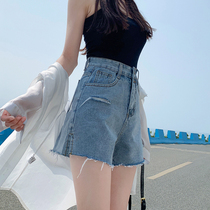 Light colored split denim shorts womens 2021 new summer high waist loose slim hole a wide leg hot pants