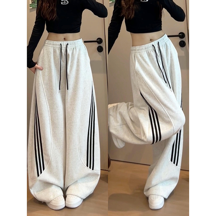 White and Gray Drawstring Scimitar-Style Sweatpants for Women, Early Autumn 2026 New Style, Side Stripe Sports Pants, Relaxed Fit, Versatile Cargo Pants