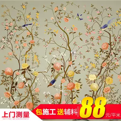 Chengdu custom mural TV background wall wallpaper simple modern bedroom living room flowers and birds Chinese style custom mural