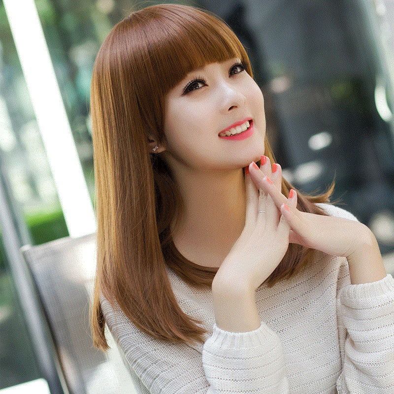 齐刘海 假发女中长直发 逼真修脸时尚黑色齐肩披肩假发套