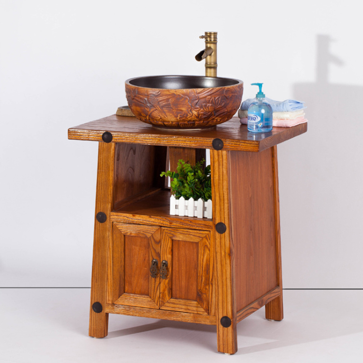 Old Elm Wood Wash Cabinet Imitation Ancient Bath Cabinet Handwashing Desk Solid Wood Bath Cabinet Waterproof Wash Face Cabinet Small Terrace Basin