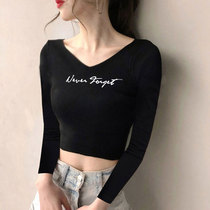 Black v-neck bottoming shirt female Korean slim cotton letter printed long sleeve T-shirt tight backless belly button top