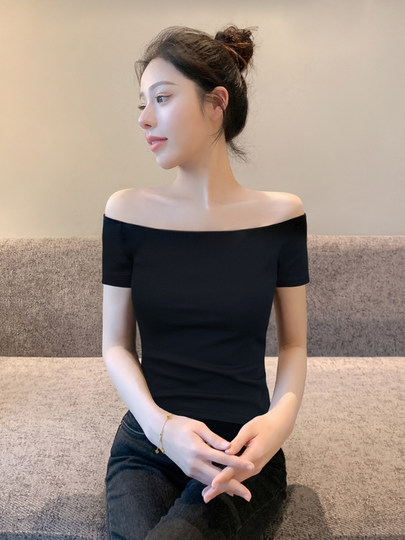 Black Off-Shoulder Short-Sleeve T-Shirt for Women 2026 New Summer Slim-Fit Pure Cotton French Collarbone Off-Shoulder Top