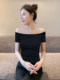 Black Off-Shoulder Short-Sleeve T-Shirt for Women 2026 New Summer Slim-Fit Pure Cotton French Collarbone Off-Shoulder Top