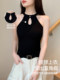 镂空黑色挂脖吊带背心女带胸垫内搭美背文胸一体打底新中式上衣