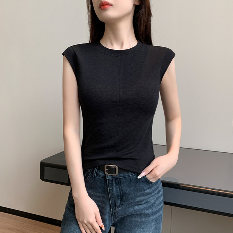 Round Neck Black Sleeveless T-Shirt for Women 2026 New Snowflake Cotton Slim Fit Short Sleeve Flutter Sleeve Design Top Summer
