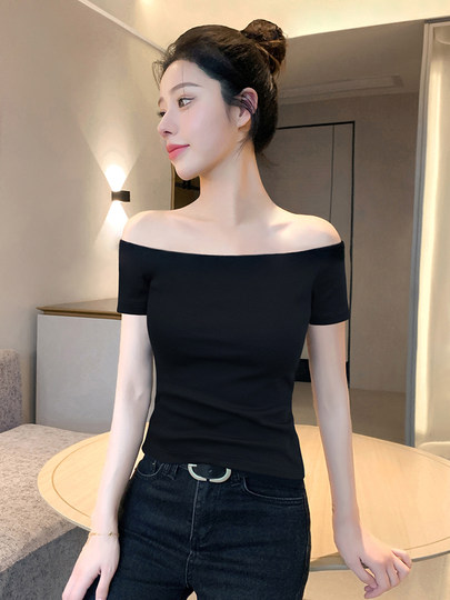 Black Off-Shoulder Short-Sleeve T-Shirt for Women 2026 New Summer Slim-Fit Pure Cotton French Collarbone Off-Shoulder Top