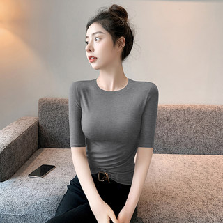 Round Neck Mid-Sleeve T-Shirt for Women 2026 New Spring and Autumn Knitted Base Shirt, Slim Fit, Flattering Five-Quarter Sleeve Top, Thin