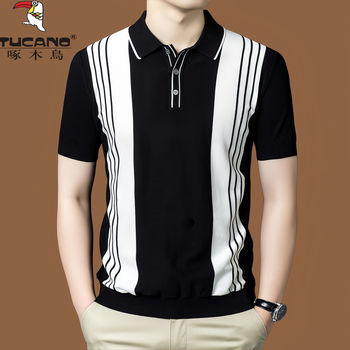 Woodpecker summer ice silk lapel knitted polo shirt men's business casual short-sleeved t-shirt thin striped half-sleeve