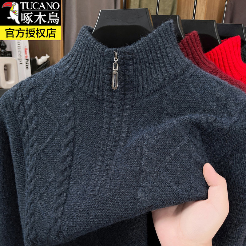 Woodpecker Wool Sweater Autumn and Winter New Men's Half-High Zipper Collar Thickened Warm Middle-Aged Knitted Sweater Base Layer