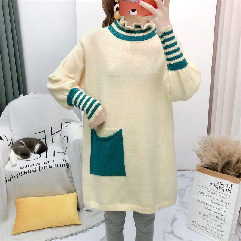 2020 New Gestational Woman Clothing Autumn Clothing Suit Han Edition Brief Knitted Blouse Autumn winter paragraph Long version loose sweater winter