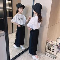 Korean girls wide-leg summer suit 2021 summer new Korean version of the big childrens net red ripped pants two-piece set trend