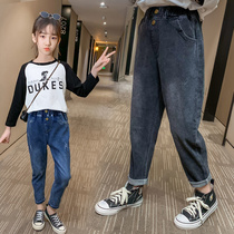 Korean girls jeans for autumn and winter wear foreign loose medium and large childrens pants childrens straight thin daddy pants