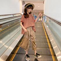 Korean girls loose striped top set 2021 summer new Zhongda Tong Korean version girls thin two-piece