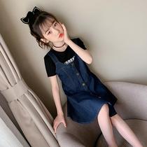 Korean girl denim suspender skirt summer 2021 new mid-big childrens fashion girl thin short sleeve t-shirt set