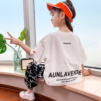 Korean girl alphabet pants set summer dress 2021 new Zhongda childrens Internet celebrity girl thin short sleeve two-piece set trend